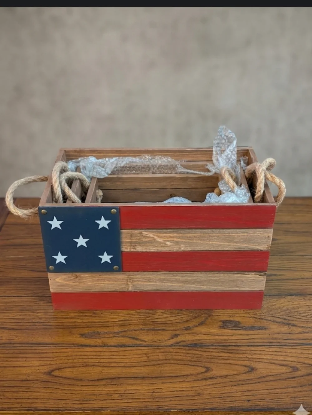 Patriotic Wooden Flag Storage Boxes with Rope Handles - Set of 3